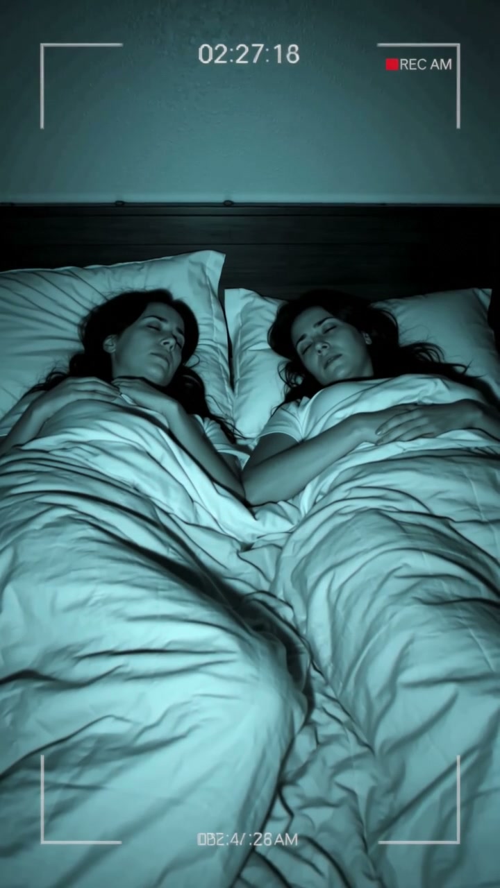 Night vision security camera footage showing two identical women sleeping side-by-side in a bed w...