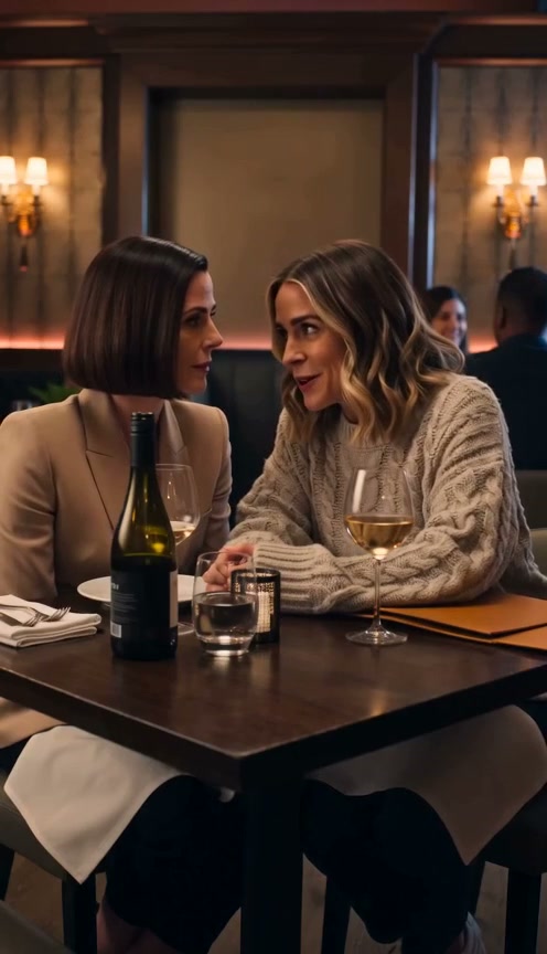 Two women lean in to converse over white wine at a cozy dim upscale restaurant dinner table.