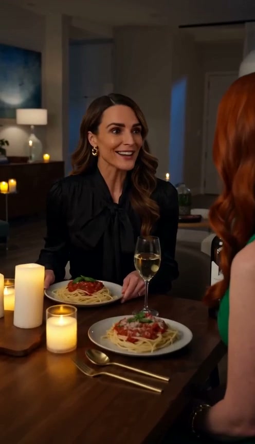 Smiling woman at candlelit dinner table with spaghetti plates, conversing with a red-haired dinne...