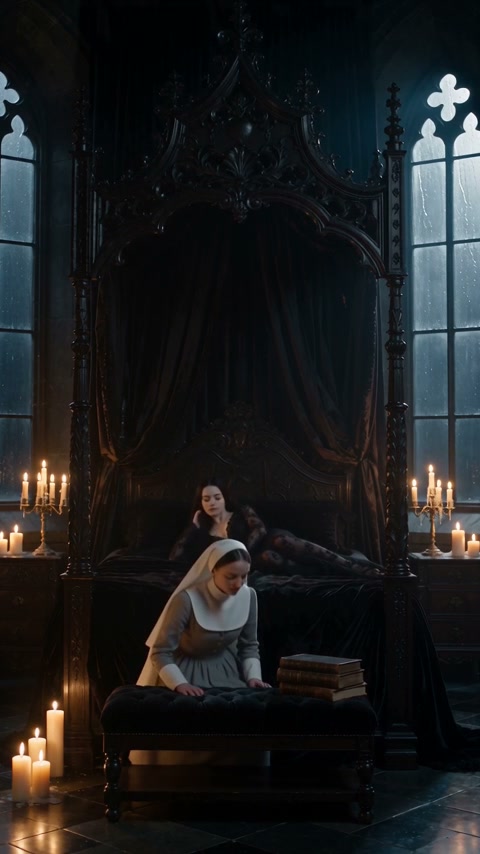 Nun kneels at foot of ornate dark gothic four-poster bed, a woman rests on the bed in a candlelit...
