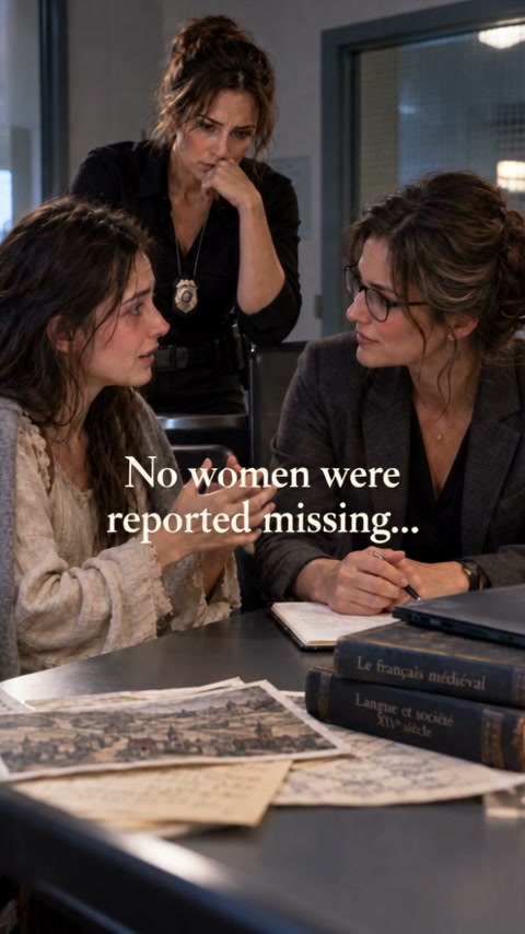 Three women in a police interview room: a standing detective, note-taking investigator, and distr...