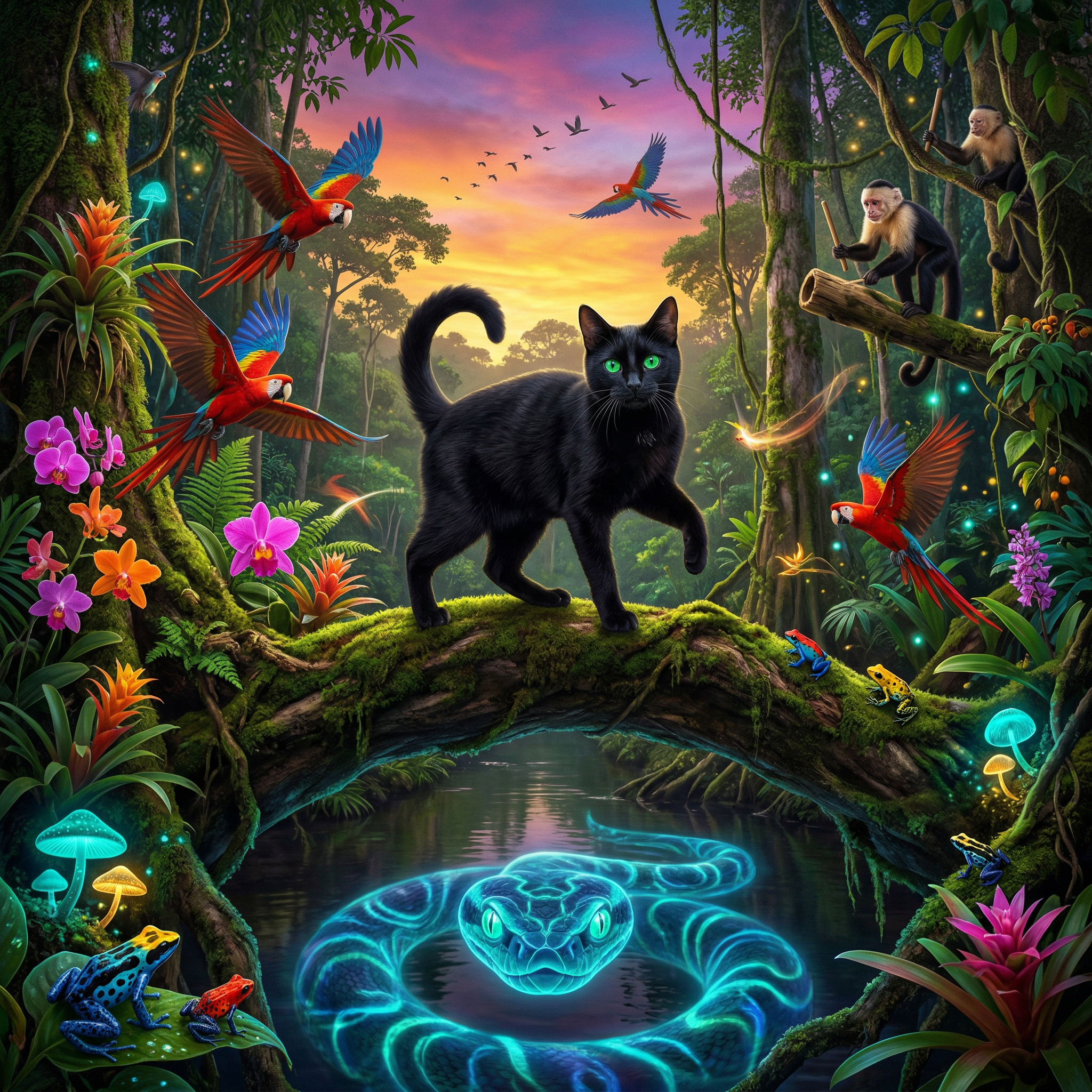 Black cat on a mossy log arch over a glowing blue serpent in a magical jungle