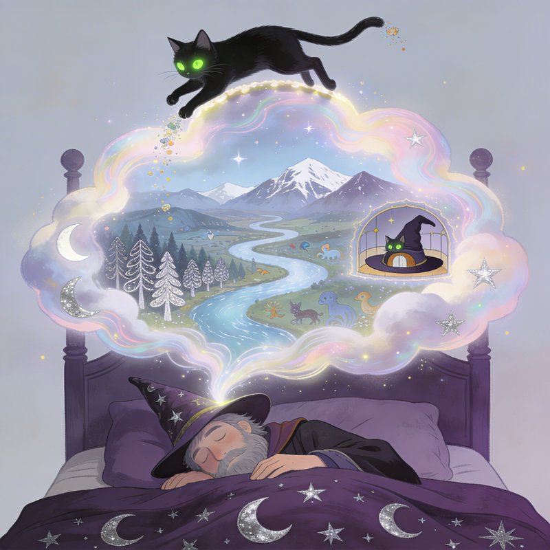 Sleeping wizard on a bed dreaming of a magical landscape with a glowing-eyed black cat in a dream...