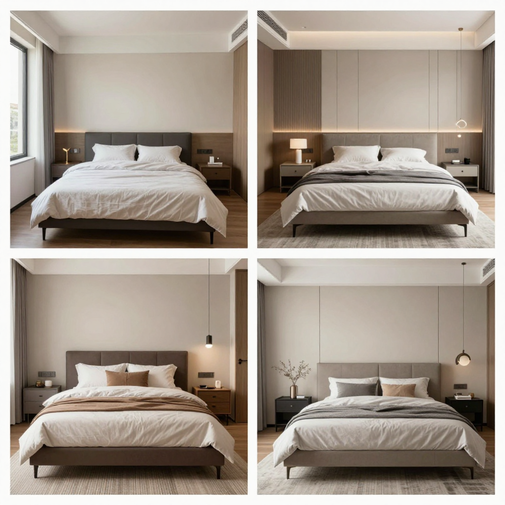 2x2 grid of four different neutral minimalist king bedroom design variations
