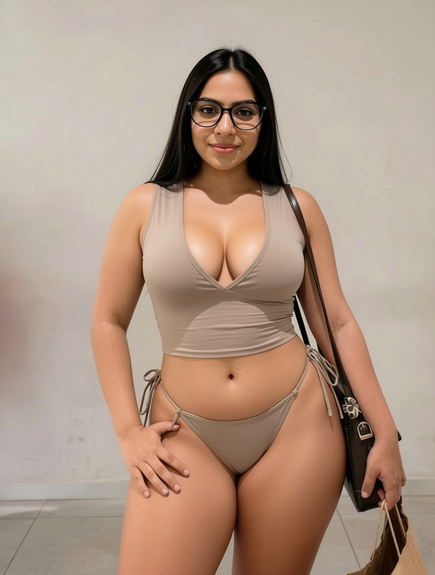Young woman with round eyeglasses wears a taupe two piece swimsuit while posing against a plain light wall