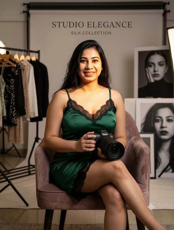 Smiling South Asian female photographer in green lace silk dress sits in a portrait studio holdin...