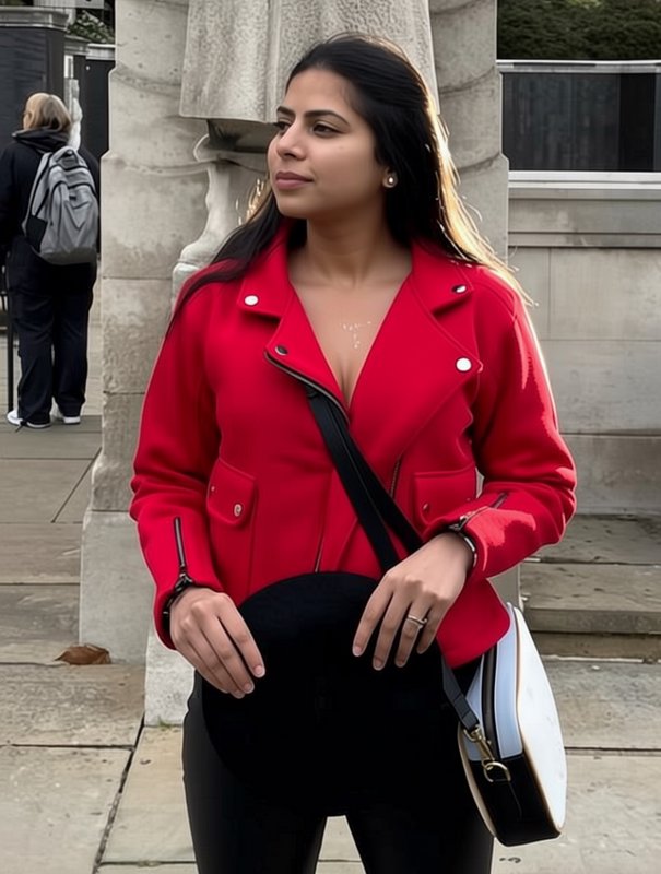 Young South Asian woman in a bright red biker jacket standing outdoors beside a stone monument on...