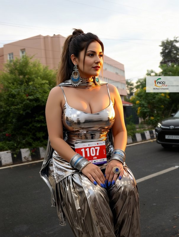 Portrait of a woman in a reflective silver outfit with race bib 1107 posed on an urban street dur...