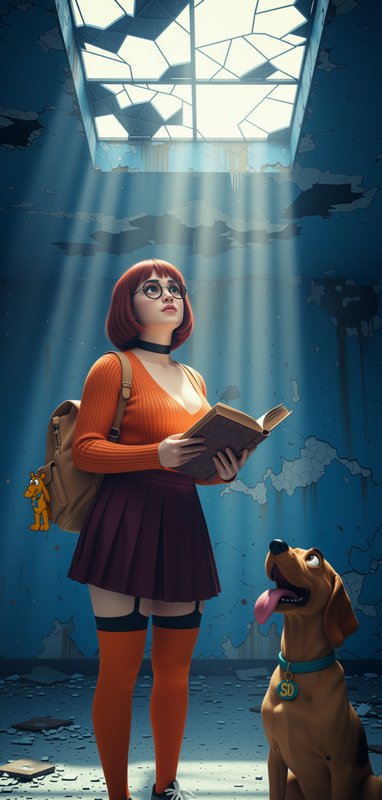 Velma Dinkley holds an open mystery book while standing next to Scooby Doo in an abandoned sunlit...