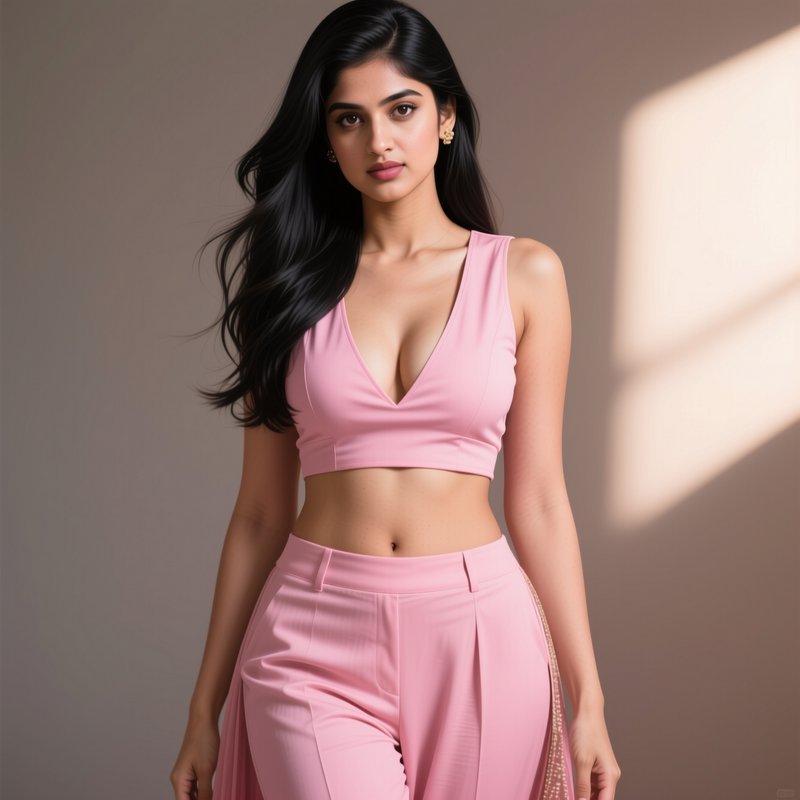 Young South Asian woman in a matching pink two piece set posing in soft studio lighting