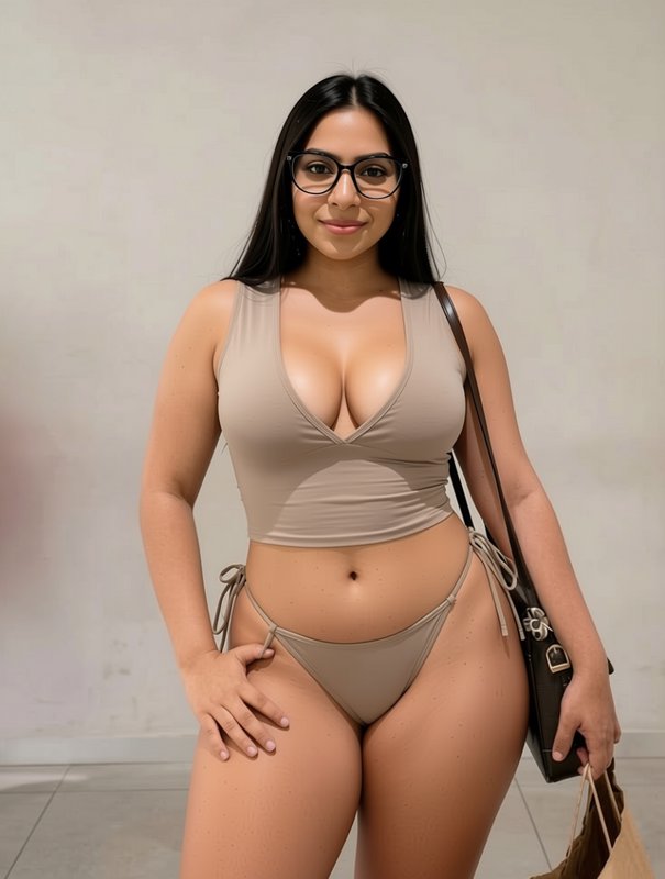 Young woman with round eyeglasses wears a taupe two piece swimsuit while posing against a plain l...