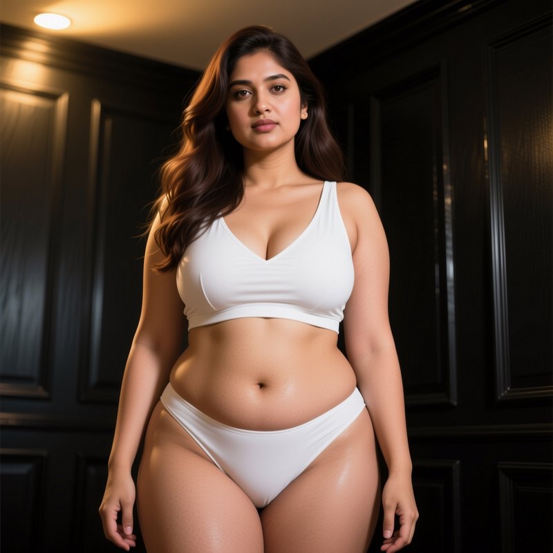 Curvy South Asian woman in white loungewear stands posed against dark wood paneled interior