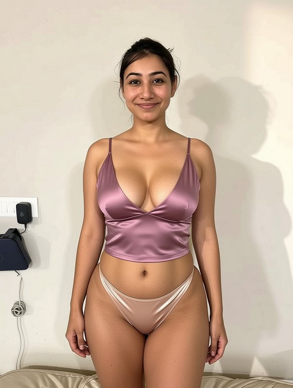 Smiling young South Asian woman standing in silky satin loungewear against a plain off-white bedr...