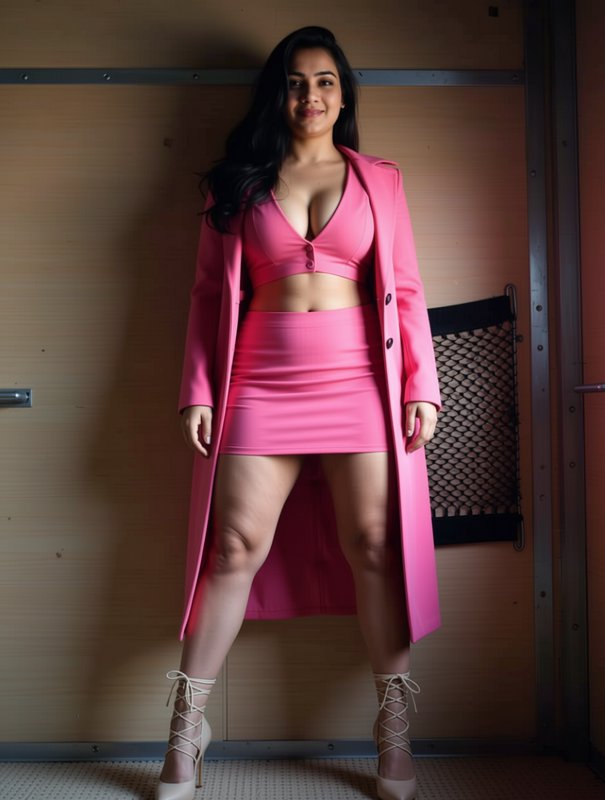 Curvy South Asian woman in a coordinated bright pink outfit stands smiling indoors