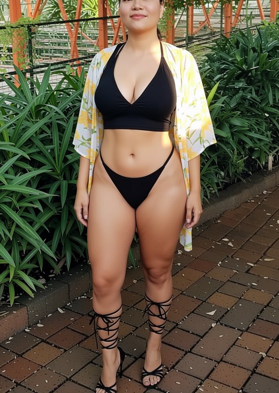 Woman in a black bikini and sheer floral cover-up stands on a tiled greenhouse path surrounded by...
