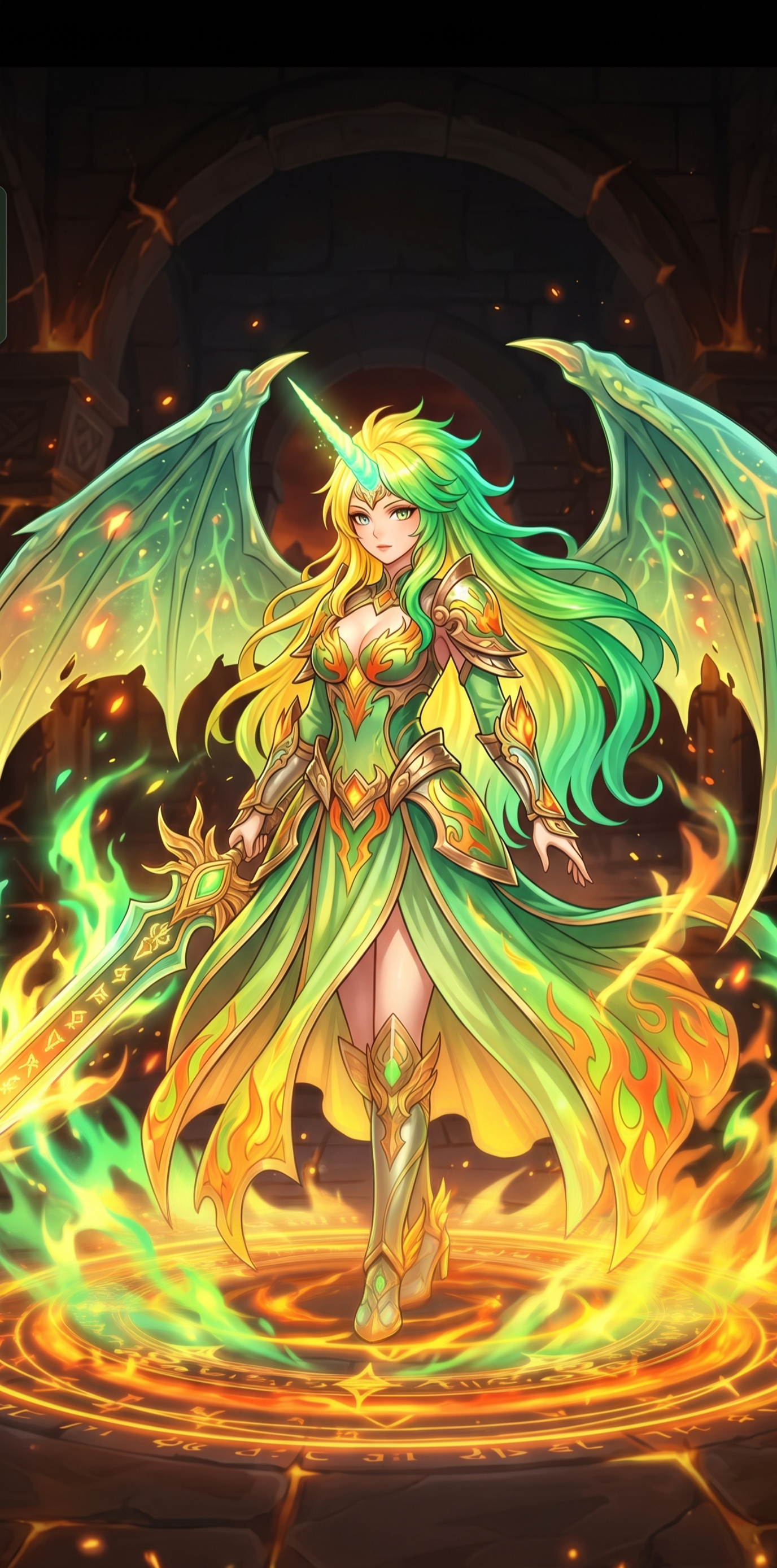 Anime fantasy warrior woman with dragon wings, unicorn horn, and glowing flame sword atop a magic rune circle