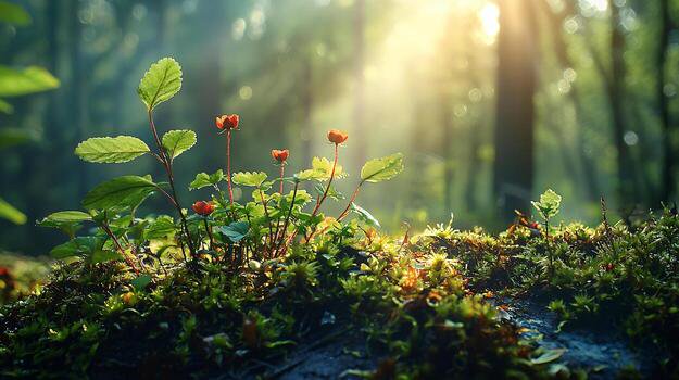 Close-up of wild strawberry plants on mossy forest floor backlit by golden sunbeams in a misty wo...