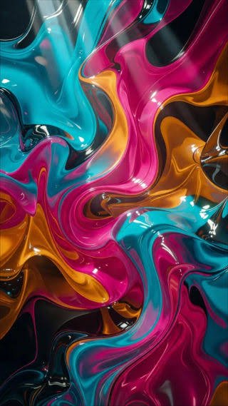 Glossy swirling marbled abstract fluid art in bright turquoise, hot pink, burnt orange, and deep ...