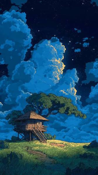 Warm glowing stilt hut sits on a grassy hill under a starry night sky with billowing blue clouds