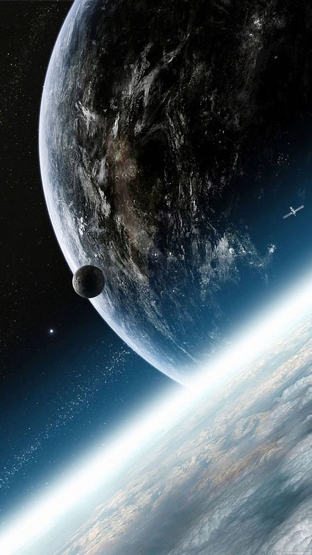 Massive Earth-like exoplanet with a small orbiting moon viewed from low orbit above its glowing a...
