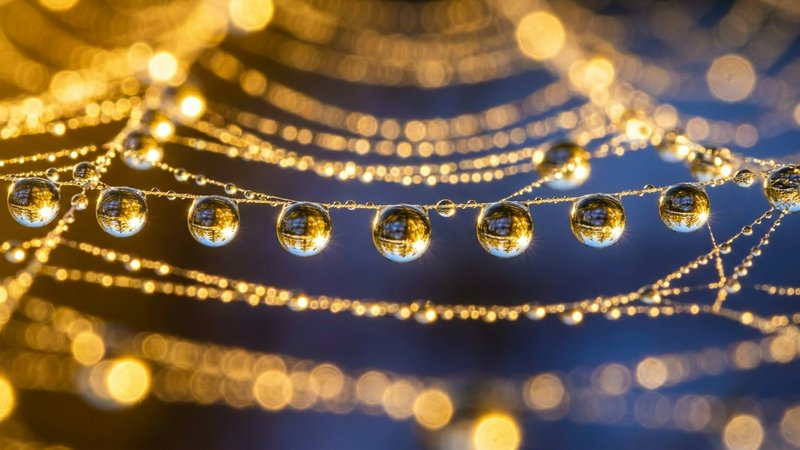 Glistening dewdrops cling to an intricate spiderweb against glowing golden bokeh and deep blue ba...