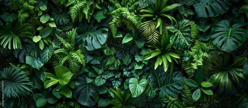 Dense lush wall of mixed tropical foliage including monstera, ferns, and varied broad leaf housep...