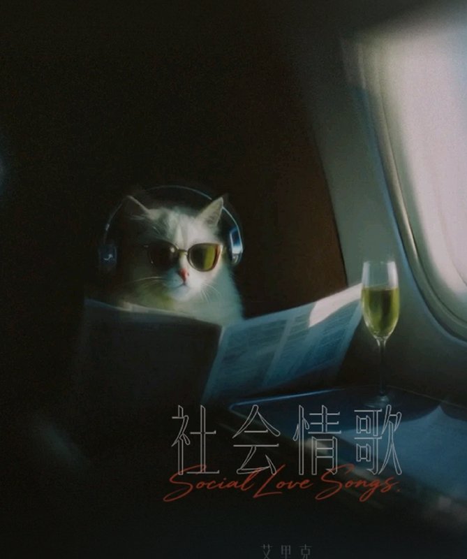 Fluffy white cat wearing headphones and sunglasses reads a newspaper while seated on an airplane ...
