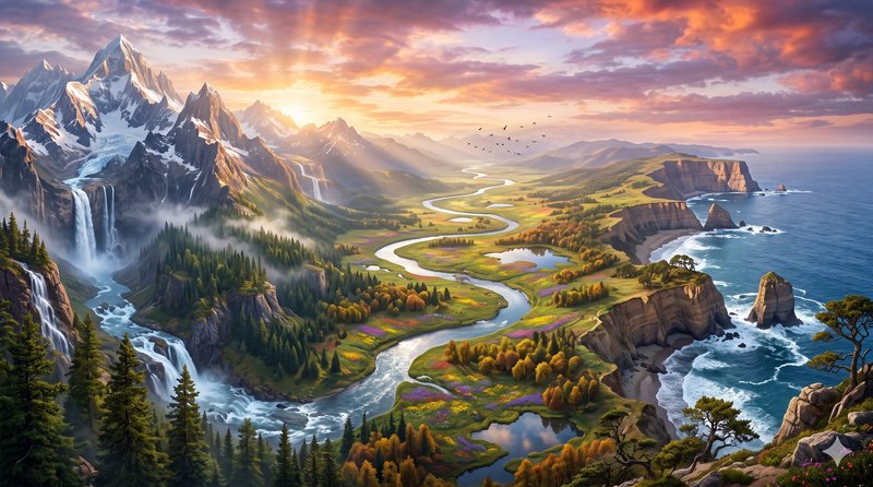 Panoramic fantasy landscape featuring snow-capped mountains, winding river valley, and coastal cl...