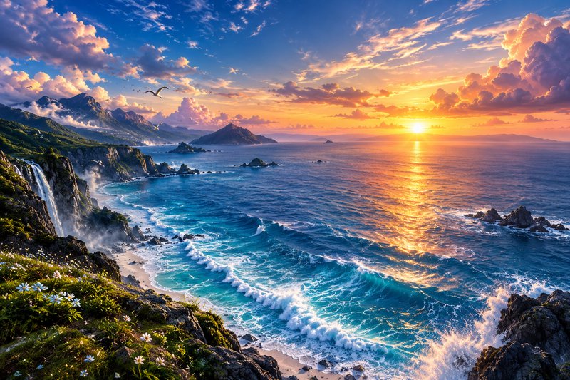 Dramatic coastal cliff landscape with cascading waterfall, turquoise waves, and glowing golden su...
