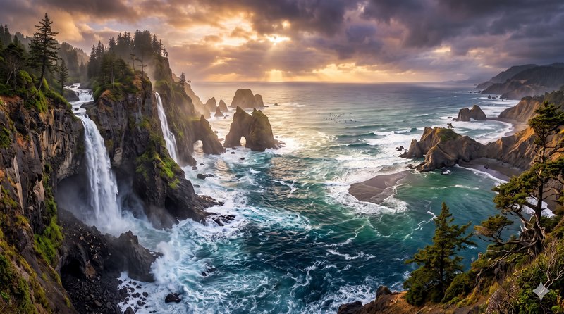 Waterfalls cascade from forested coastal cliffs into a turquoise ocean lined with jagged sea stac...