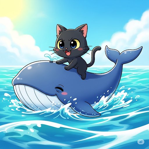 Grinning chibi black cat rides a winking blue whale across sunlit turquoise ocean waves
