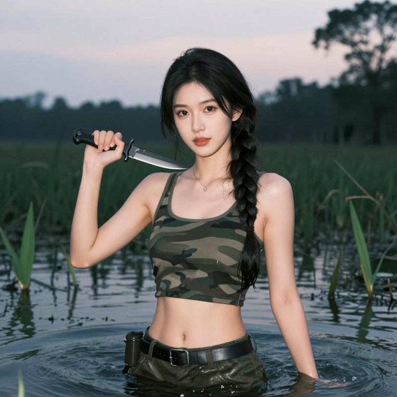 Woman in camouflage crop top standing waist-deep in water, holding a knife near her shoulder.
