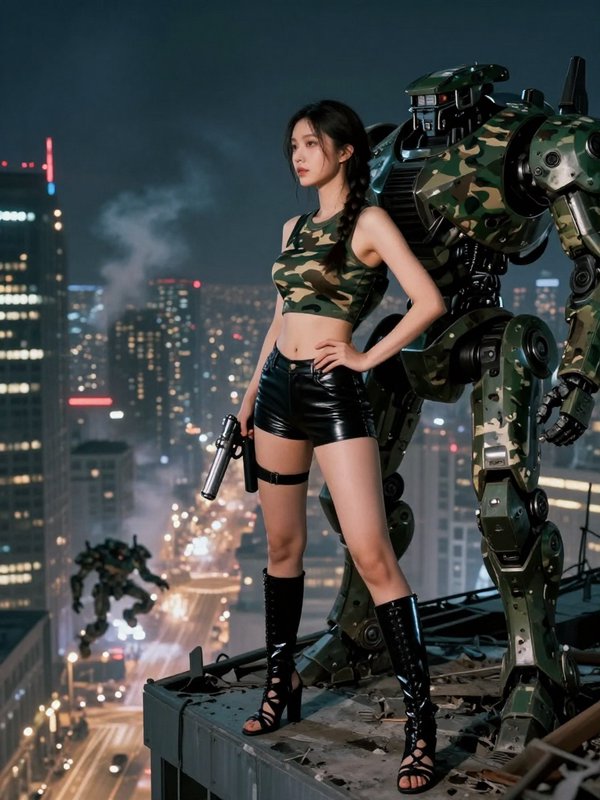 Woman in camo crop top and black leather shorts on rooftop beside a large camo mecha robot at night.