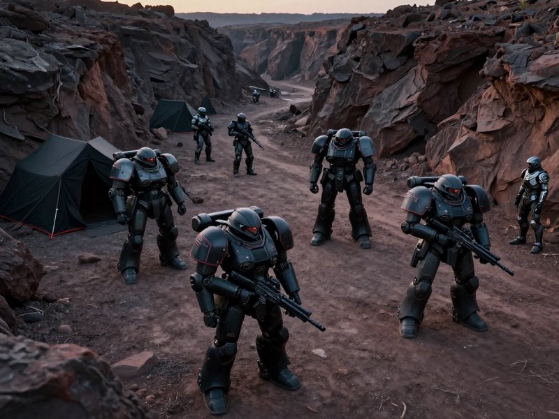 A group of futuristic armored soldiers with rifles in a rocky desert canyon camp.