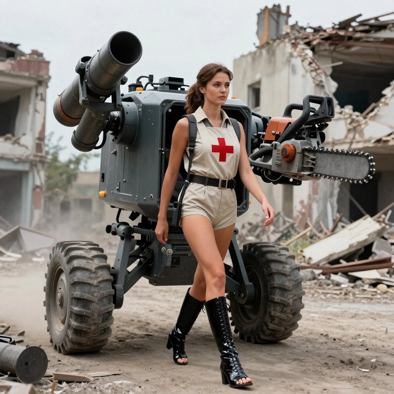 Woman in a Red Cross uniform walks beside a large armored rover with a chainsaw arm in a ruined c...