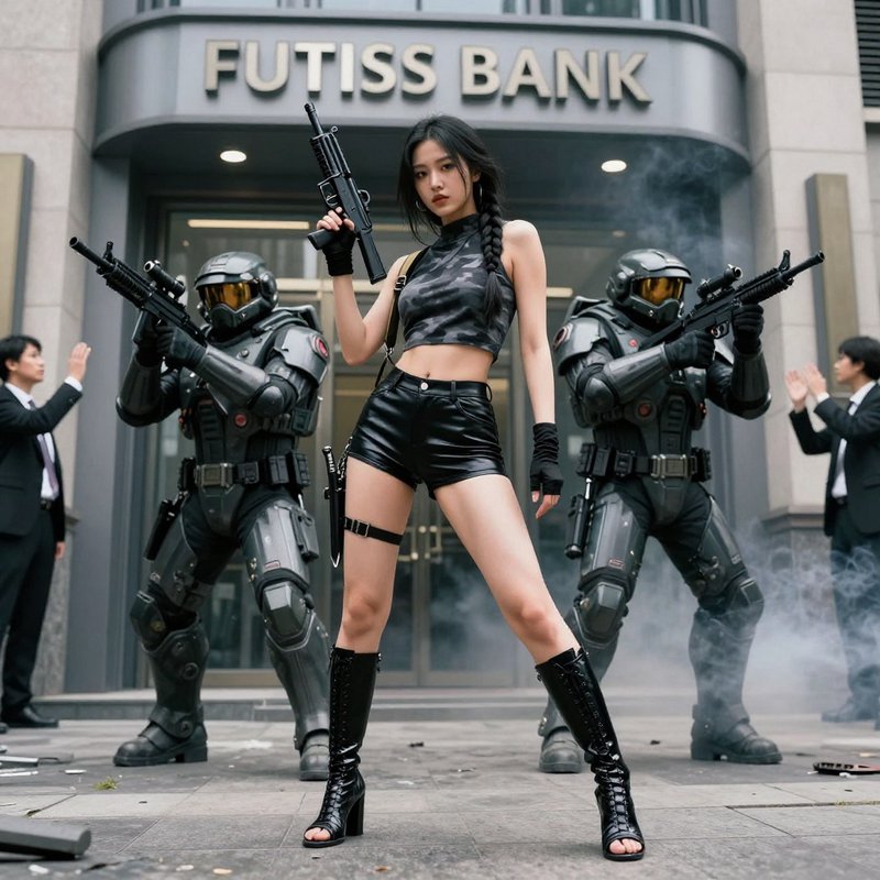 Woman in black leather cosplay holding a rifle, flanked by armored guards in front of a Futiss Ba...