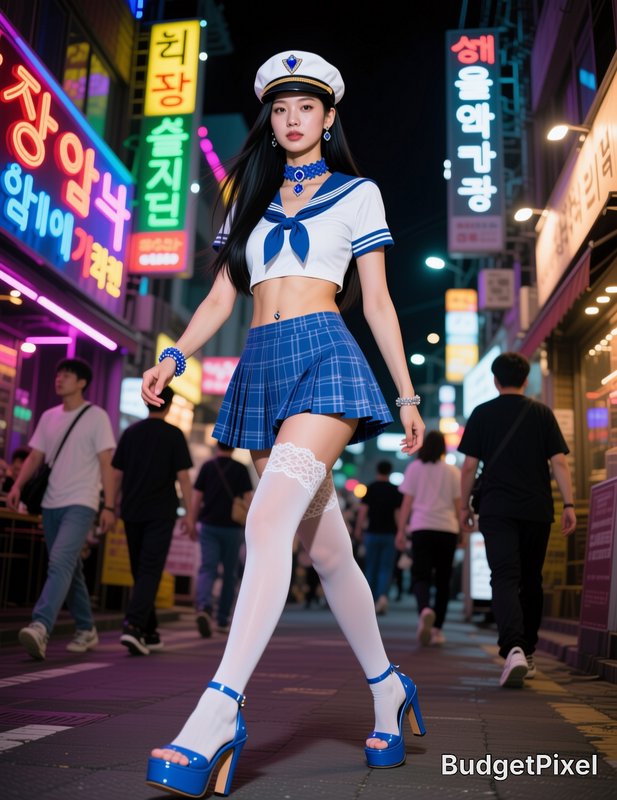 Young woman in a sailor-style crop top, blue plaid skirt, and white thigh-high stockings posing on a neon-lit city street ...