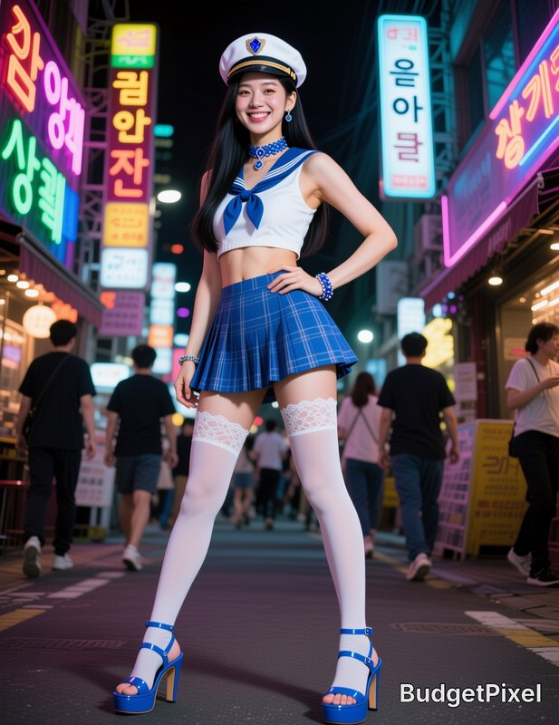 Young woman in a sailor-themed cosplay outfit with white stockings and blue heels on a neon-lit city street.