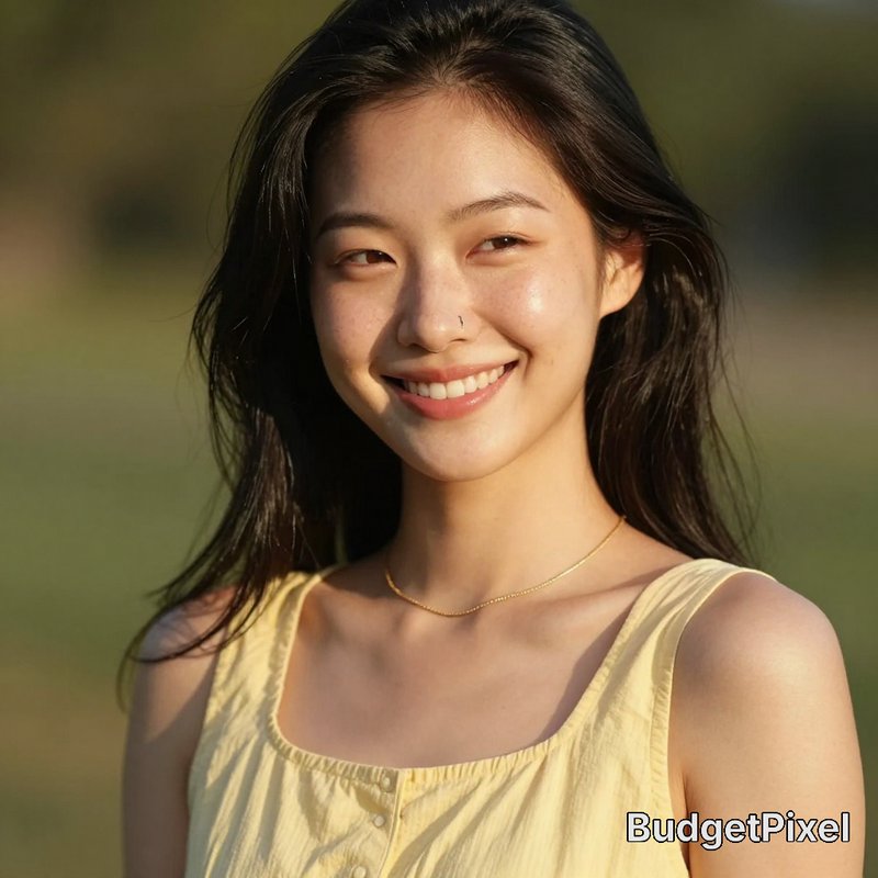 Smiling young woman outdoors in a yellow sleeveless top, warm sunlight.