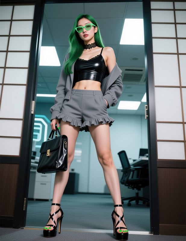 Fashionable woman with long bright green hair poses in an office doorway holding a black leather briefcase
