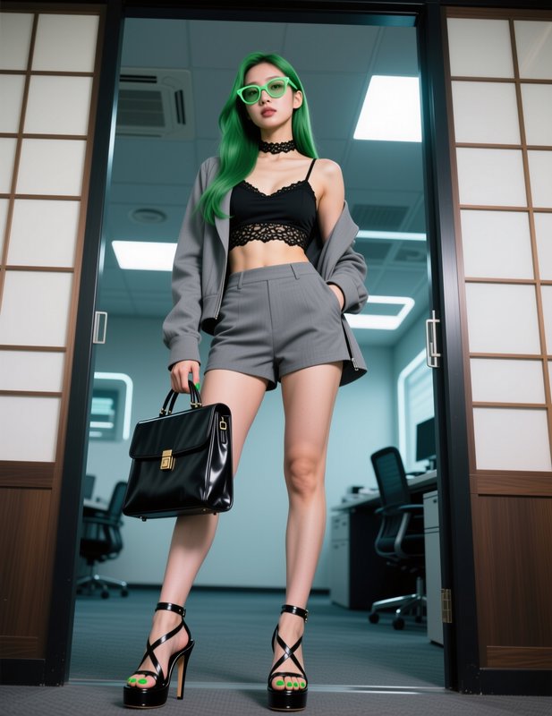 Stylish woman with long green hair and bright green glasses stands in a modern office entry holdi...