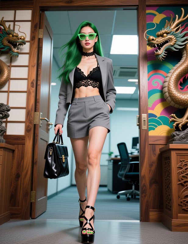 Woman with bright green hair walks confidently through a dragon-decorated office doorway