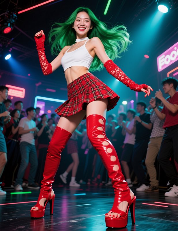 Smiling young woman with long bright green hair dances on a neon lit nightclub dance floor