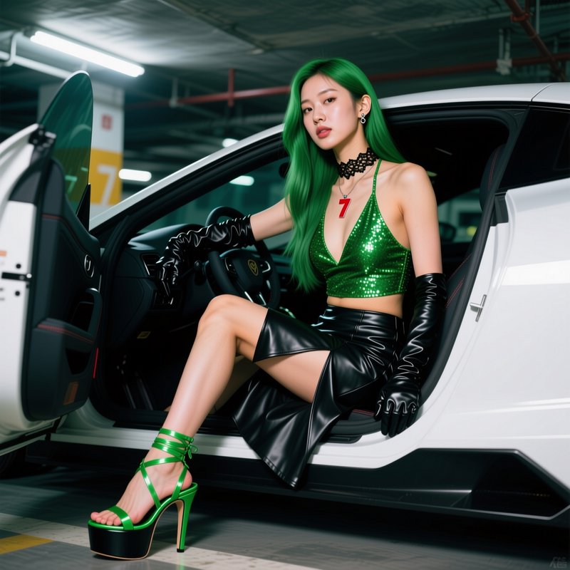 Young woman with long bright green hair seated in the open doorway of a white sports car in an un...