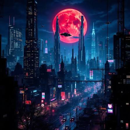 Futuristic cyberpunk cityscape beneath a large glowing red blood moon with hovering aircraft at night