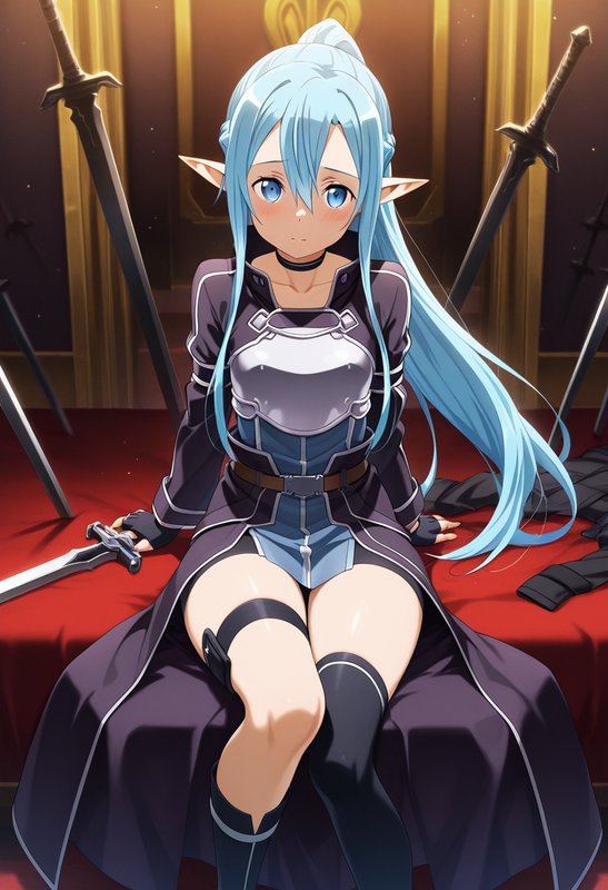 Light blue haired elf anime warrior seated on a red throne surrounded by upright swords