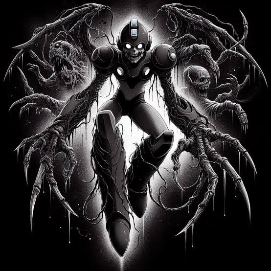 Corrupted skeletal Mega Man monster flanked by undead ghouls in a dark monochrome horror illustration