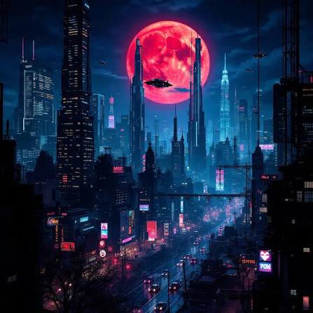 Futuristic cyberpunk city skyline under a massive glowing red blood moon at night