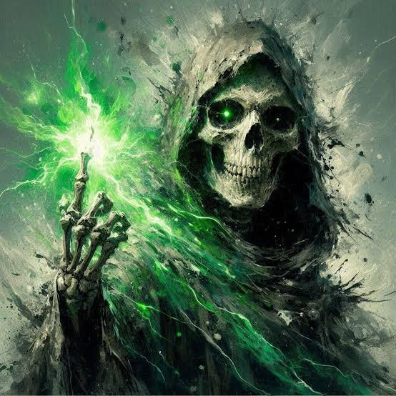 Hooded skeletal lich channels crackling green necromantic magic from its outstretched bony finger