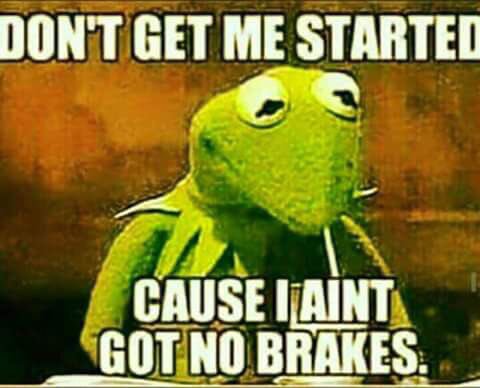 Kermit the Frog meme with the caption, “Don’t get me started ’cause I ain’t got no brakes.”